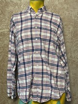 J Crew Summer Plaid Long Sleeve Button Front Shirt Blue Pink Cream Large - $14.73