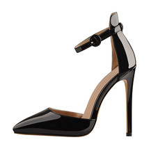 Women Pointed Toe 12CM Thin High Heel Ankle Strap Black  Patent Leather Heels Fo - £81.35 GBP