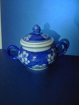 Vintage Japan Porcelain Sugar Bowl Jar Blue Floral Hand Painted Glazed signed H - £13.07 GBP