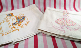 Sweet 50&#39;s Saturday &amp; Sunday 2pc Hand Embroider &amp; Fabric Skirt Flour Sack Towels - £15.98 GBP
