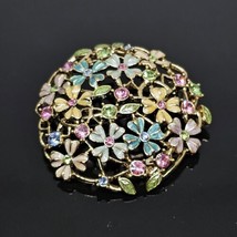 Monet Multi Color Rhinestone &amp; Enamel Flowers Gold Tone Brooch Pin - £15.94 GBP