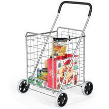 Folding Shopping Cart Utility Trolley Portable For Grocery Travel Silver - £73.93 GBP