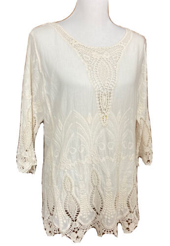 Lapis Womens Ivory Embroidered 3/4 Sleeve BOHO Pullover Shirt Sz S Light... - £13.39 GBP