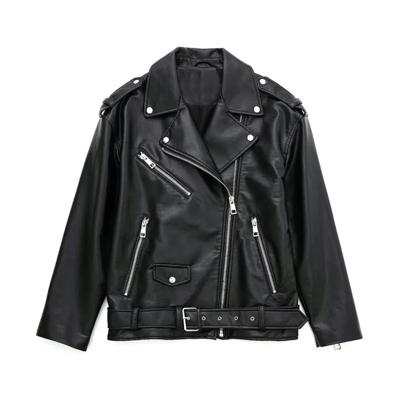 Black Faux Leather Blazer Mujer Winter Belt Crop Tops  Casual PU Loose Motorcycl - £123.27 GBP