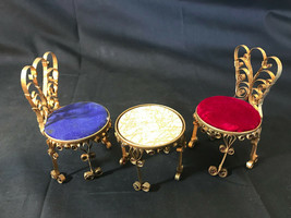 Set Of Mini Victorian Ornate Scrollwork Cushioned Chairs With Occasional Table - £20.00 GBP