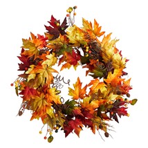 24” Autumn Maple Leaf And Berries Artificial Fall Wreath With Twig Base - £60.36 GBP