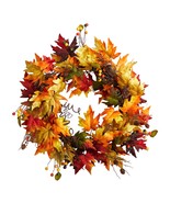 24” Autumn Maple Leaf And Berries Artificial Fall Wreath With Twig Base - £60.37 GBP