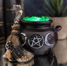 Wicca Triple Moon Goddess Pentagram LED Cauldron And Broomstick Mini Figurine - £14.37 GBP