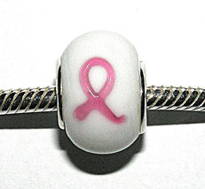 Breast Cancer Awareness Pink Ribbons European Bead, Lampwork Glass Fits ... - $5.89