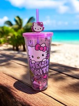 Hello Kitty Pink Tumbler With Kitty Straw Topper Cherry Hearts Rainbow 2... - $22.99