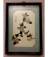 Antique Asian Art Blooming Cherry &amp; Bird Shadow Box Real Feather Signed ... - $110.00