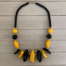 Vintage Black Yellow Boho Beaded Chunky 22” Necklace Art Deco Asymmetrical Beads - £17.02 GBP