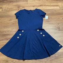 Tommy Hilfiger Solid Navy Blue Dress Girls Size XL/16 Fit Flare Gold But... - $27.72