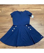 Tommy Hilfiger Solid Navy Blue Dress Girls Size XL/16 Fit Flare Gold But... - £21.67 GBP
