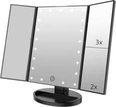 Flymiro Tri-Fold Lighted Vanity Makeup Mirror With 3X/2X/1X, Black - £31.44 GBP
