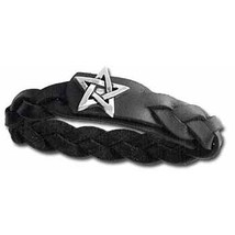 Pewter Pentagram Celtic Plait Black Leather Bracelet - £20.83 GBP