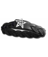 Pewter Pentagram Celtic Plait Black Leather Bracelet - £20.35 GBP