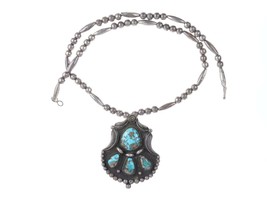 Large Vintage Navajo silver and turquoise pendant on beaded necklace - £398.76 GBP