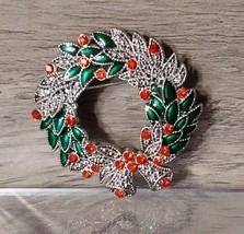 Vintage Christmas Wreath Pin Kenneth Cole Enamel Red Green Rhinestones 2&#39;&#39; - $19.71