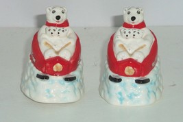 Coke Polar Bear Coca Cola Salt  &amp; Pepper Shakers Downhill Sledding Ceramic - $19.95