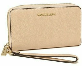 Michael Kors Jet Set Travel Phone Case Wallet Wristlet Beige Leather / Gold FS - £59.52 GBP