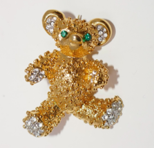 Gold Tone Vintage Teddy Bear Green Rhinestone Crystal Eyes Pin Brooch - $23.99