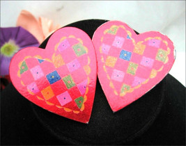 Checkerboard Hearts Pair Of Brooches Vintage Pins Valentine&#39;s Day Red Foil - £10.19 GBP