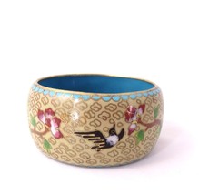 Vintage Chinese Cloisonné Enamel Wide Brass Bangle Bracelet Flower Bird Clouds - £71.64 GBP
