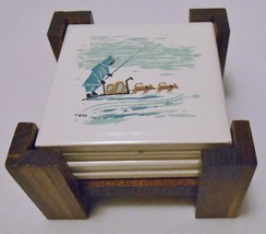 Indigenous Inuit Theme 4 Vtg Ceramic Tile Drink Coasters &amp; Caddy Hunting Fishing - £26.33 GBP