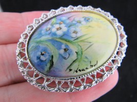 vintage &quot;KNOCHEL&quot; brooch HAND PAINTED CERAMIC silver tone FLOWERS porcelain - £29.33 GBP