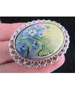 vintage &quot;KNOCHEL&quot; brooch HAND PAINTED CERAMIC silver tone FLOWERS porcelain - $39.99