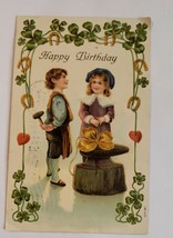 Antique Happy Birthday Blacksmith Boy With Girl Green Shamrocks - £35.89 GBP