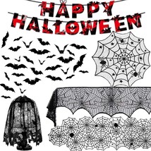 6 pk Halloween Tablecloth Set Black Lace Table Runner Mantle Scarf Lampshade - £15.86 GBP