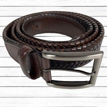 Leather Braided woven Dress Work Belt Brown Silver Buckle Brown Mens Size 46/48 - £12.51 GBP