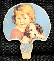 vintage ADVERTISING HAND FAN~READING pa WALL PAPER COMPANY girl dog - $18.76
