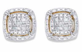 Diamond Squared Cluster Halo Button Gp Earrings 18K Gold Sterling Silver - £159.86 GBP