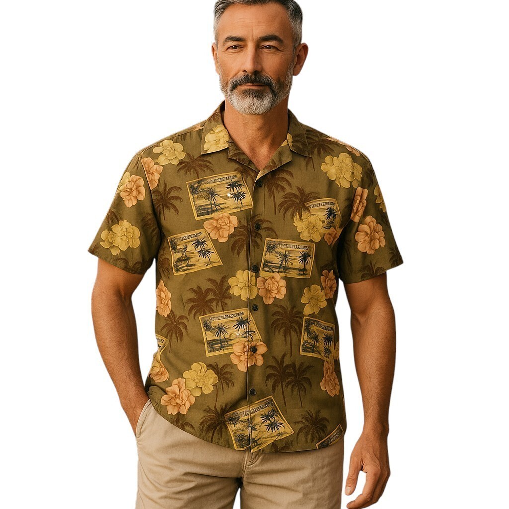 Tommy Bahama Hawaiian Shirt Mens Large Brown Floral Post Card Camp Beach - £20.75 GBP