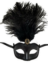 Black Feather Venetian Masquerade Mardi Gras Mask 12&quot; New Years - £12.45 GBP