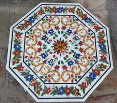 30&quot; Marble White Bedroom Kitchen Table Top Marquetry Inlay Occasion Decor E884A - £850.50 GBP