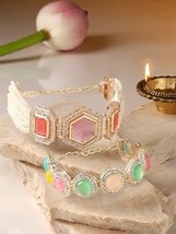Set Of 2 Multi-Colour Multistrand AD Stones Ethnic Bracelet Jewelry Kundan Set - £19.72 GBP
