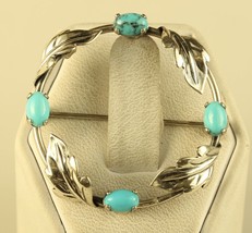 Vintage Signed BEAU Sterling Silver Turquoise Stone Circle Brooch Pin - £31.55 GBP