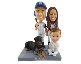 Custom Bobblehead Beautiful Family Of Three Baseball Fans With A Large Dog - Par - £194.38 GBP