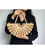 Handmade Natural Bamboo Fan Shaped Handbag Wooden Bead Top Handle Tote Bag - $79.99