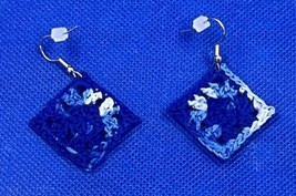 Handmade Cotton Crochet Blue White Abstract Pattern Square Dangling Earrings - $9.89