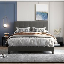 Queen Upholstered Platform Bed with Tufted Headboard, Box Spring Needed, Gray - £147.30 GBP