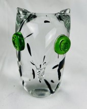 Art Glass Owl Vintage Ölandshyttan Eneryda Figurine Green Eyes 4&quot;T Sweden GIFT! - £11.93 GBP