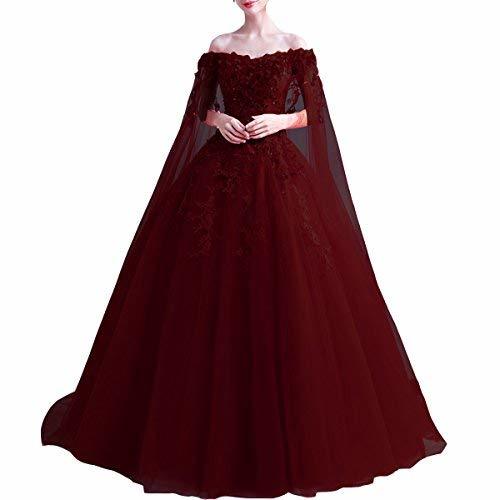 Off Shoulder Long Floral Lace Beaded Prom Wedding Dresses With Cape Burgundy US