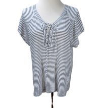 Monrow Linen Lace Up Neckline Striped Blue White Knit Top Tee T-Shirt Tunic - £11.96 GBP