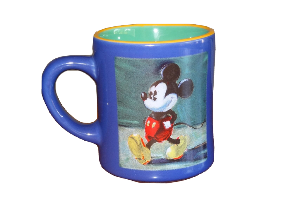 Mickey Mouse Coffee Mug Cup Blue Green Yellow Disney Store Walking Thailand - $11.40