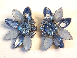 Beautiful Blue Navette Crystal Rhinestone Clip On Earrings Prong Set Sil... - £39.37 GBP